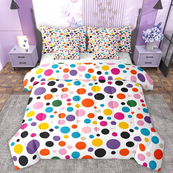 Manfei Cute Polka Dots 7-Piece Bedding Comforter Set,Geometric Circular Pattern King Bedding Sets,Colorful Circle Dot Bed Sheets For Girls Kids,Breathable Home Decor Reversible