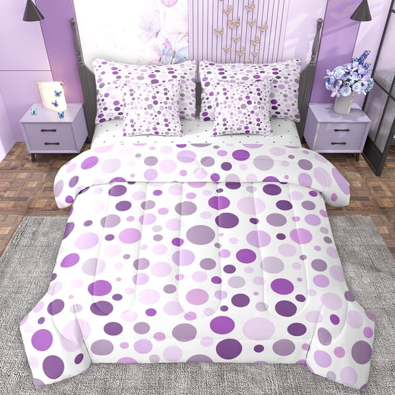Manfei Cute Polka Dots 7-Piece Bedding Comforter Set,Geometric Circular Pattern King Bedding Sets,Purple White Bed Sheets For Girls Kids,Breathable Home Decor Reversible
