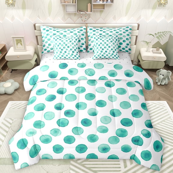 Manfei Cute Polka Dots 7-Piece Twin Bedding Sets,Geometric Circular Pattern Bedding Comforter Set,Cyan White Sheet Sets For Girls Kids,Breathable Home Decor Reversible