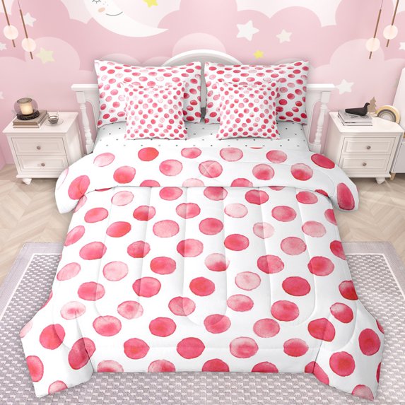 Manfei Cute Polka Dots 7-Piece Twin Bedding Sets,Geometric Circular Pattern Bedding Comforter Set,Pink White Sheet Sets For Girls Kids,Breathable Home Decor Reversible