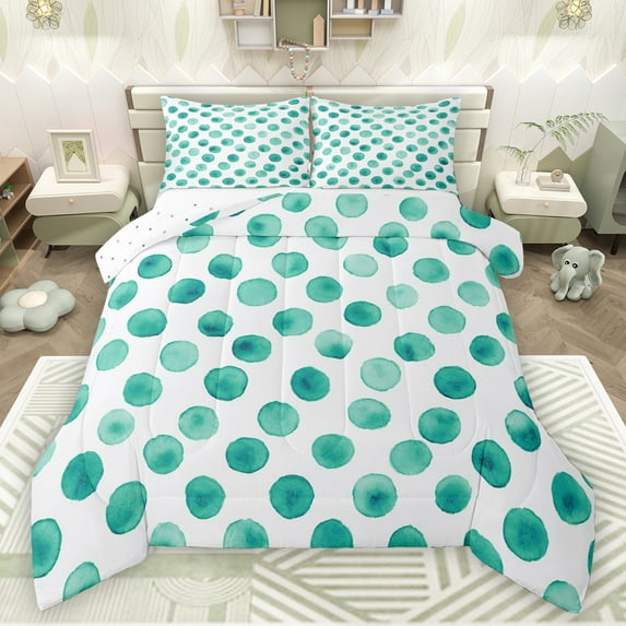 Manfei Cute Polka Dots Full Size Comforter Sets,Geometric Circular Pattern Bedding Comforter Set,Cyan White Bedding Sets For Girls Kids,Breathable Home Decor Reversible,3pcs