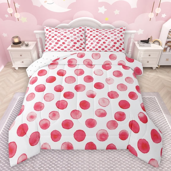 Manfei Cute Polka Dots Full Size Comforter Sets,Geometric Circular Pattern Bedding Comforter Set,Pink White Bedding Sets For Girls Kids,Breathable Home Decor Reversible,3-Piece