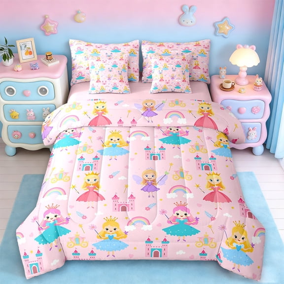 Manfei Cute Princess 7-Piece Bedding Comforter Set,Fairy Tale Castle King Bedding Sets,Pink Cyan Bed Sheets Fort Gitls Kids,Microfiber Bedroom Decor Reversible