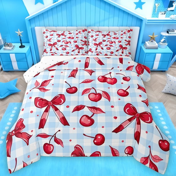 Manfei Cute Princess Bowknot Queen Comforter Set, Fashion Blue Plaid Bedding Sets, Kawaii Cartoon Cherry Reversible Bedding Comforter Set, Microfiber Bedroom Decor, 3-Piece