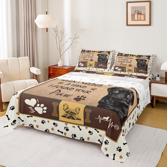 Manfei Cute Pug Dog Bed Sheets 4pcs, Pet Animal King Sheets, Paws Plaid Checkered Sheet Set, Super Cozy Room Decor