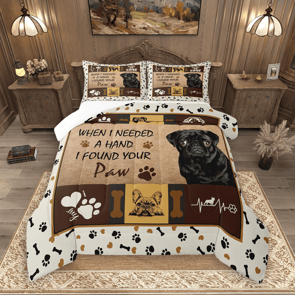 Manfei Cute Pug Dog Queen Comforter Set 3 Pieces, Pet Animal Bedding Sets, Paws Plaid Checkered Bedding Comforter Set, Super Cozy Room Decor