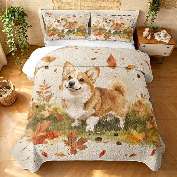 Manfei Cute Pug Quilt Full, Fall Farm Maple Leaf Full Bedspread Sets, Cream, 3-Piece, 1 Coverlet and 2 Pillowcases
