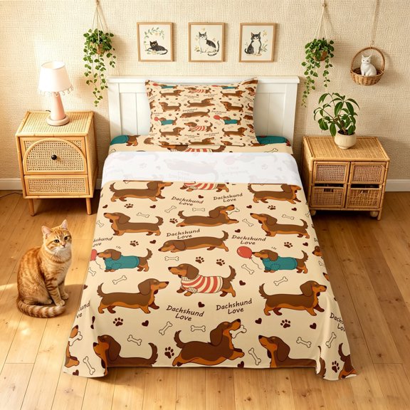 Manfei Cute Pug Twin Sheets, Christmas Dachshund Bedding, Beige Brown, 3-Piece, 1 Flat Sheet, 1 Fitted Sheet and 1 Pillowcase
