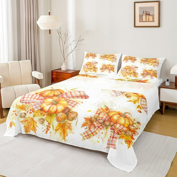 Manfei Cute Pumpkin Bed Sheets,Oil Painting King Sheets,Plaid Bowtie Bowknot Sheet Set,Ultra Soft Room Decorative,4-Piece