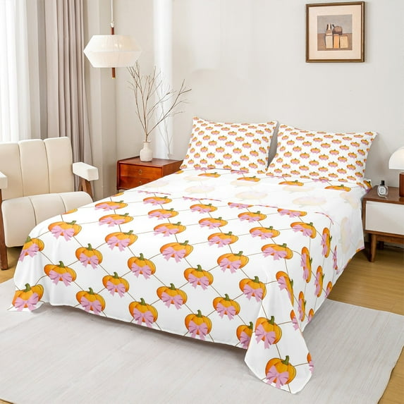 Manfei Cute Pumpkin Plaid Queen Sheet Sets, Girls Pink Bow Flat Sheet, Happy Halloween Theme Queen Fitted Sheet, Breathable Home Decor 4pcs
