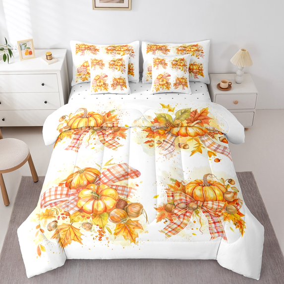 Manfei Cute Pumpkin Twin Bedding Sets 7-Piece,Oil Painting Bedding Comforter Set 7-Piece,Plaid Bowtie Bowknot Sheet Sets,Ultra Soft Room Decorative Reversible