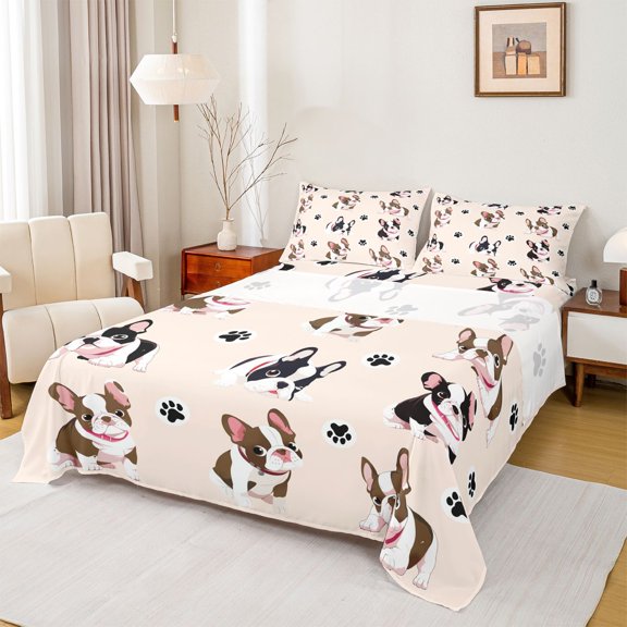 Manfei Cute Puppy Dog Bed Sheets,Cartoon Pet Footprint King Sheets,Black Brown Sheet Set For Boys Kids,Breathable Home Decor,4-Piece