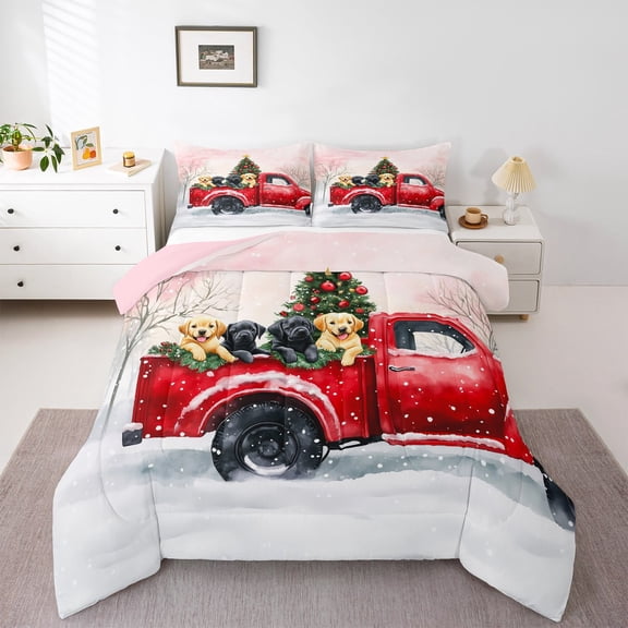 Manfei Cute Puppy Dogs Bedding Comforter Set,Merry Christmas Twin Comforter Sets,Red Truck Bedding Set For Child,Breathable Home Decor Reversible,2 Pieces