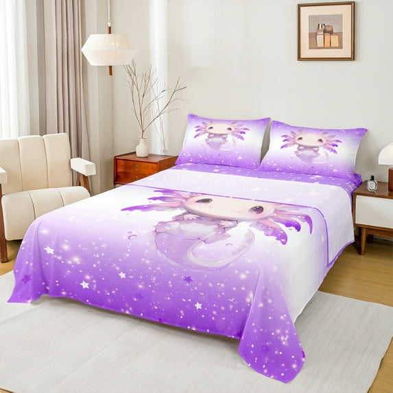 Manfei Cute Purple Axolotl Bed Sheets, Kawaii Glitter Stars King Sheets, Teens Boys Girls Kids Sheet Set, Breathable Home Decor, 4-Piece