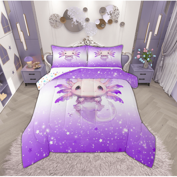 Manfei Cute Purple Axolotl Queen Comforter Set, Kawaii Glitter Stars Bedding Sets, Teens Boys Girls Kids Reversible Bedding Comforter Set, Breathable Home Decor, 3-Piece
