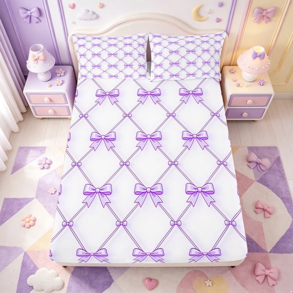 Manfei Cute Purple Bowtie Fitted Sheet Queen,Dreamy Bow Bedding,3-Piece,1 Fitted Sheet and 2 Pillowcases