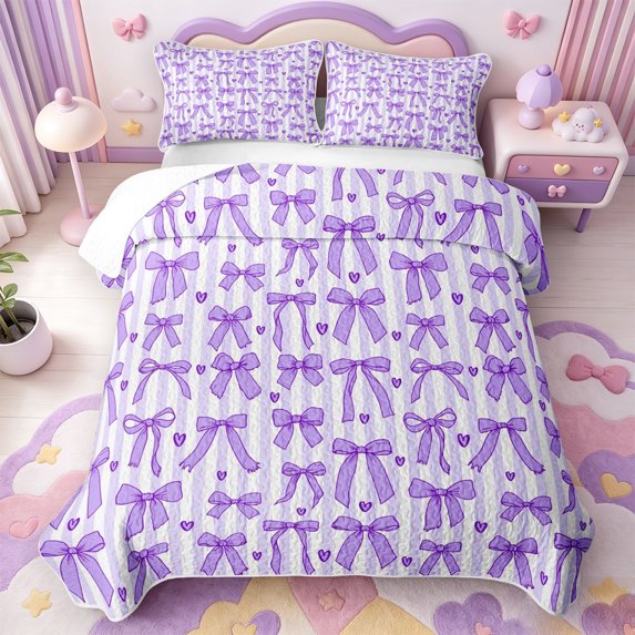 Manfei Cute Purple Bowtie Quilt Full,Fashion Bowknot Heart Print Full Bedspread Sets,3pcs,1 Coverlet and 2 Pillowcases