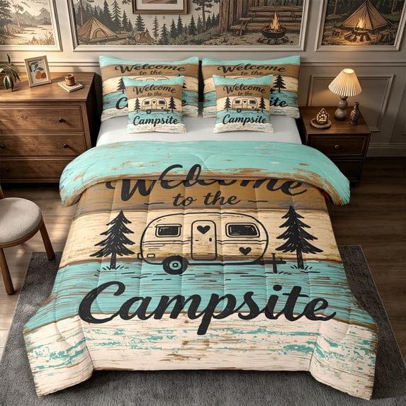 Manfei Cute RV Car 7-Piece Twin Bedding,Adventure Theme Bedding Comforter Set,Turquoise Brown