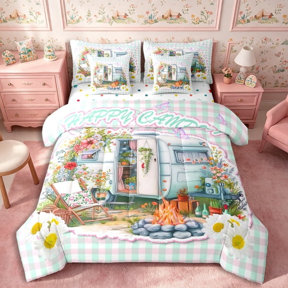 Manfei Cute RV Car 7-Piece Twin Bedding,Happy Camping Bedding Comforter Set,Pink Mint