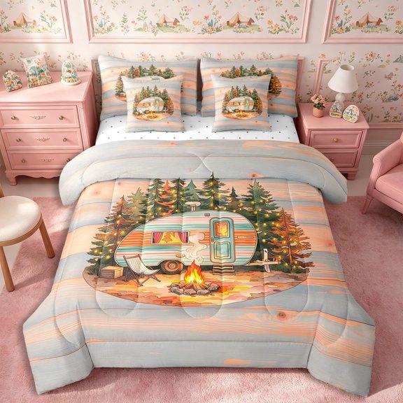 Manfei Cute RV Car 7-Piece Twin Bedding,Vintage Rustic Cabin Bedding Comforter Set,Light Blue Peach