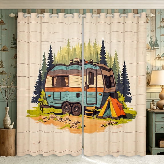 Manfei Cute RV Car Curtains and Drapes Pack of 2 (52x63 Each),Vintage Rustic Cabin Black Out Curtains,Cream Teal