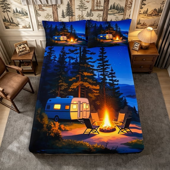 Manfei Cute RV Car Fitted Sheet Full 3 Pieces,Adventure Theme Bed Set,Dark Blue Orange,1 Fitted Sheet and 2 Pillowcases