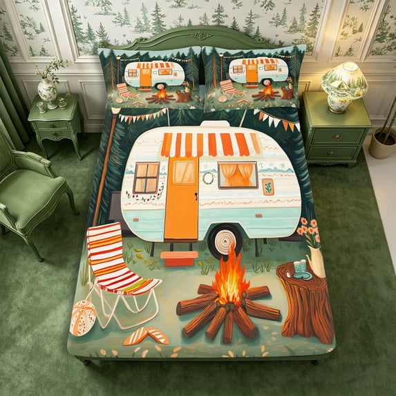 Manfei Cute RV Car Fitted Sheet Queen 3-Piece,Happy Camping Bedding,Green White,1 Fitted Sheet and 2 Pillowcases
