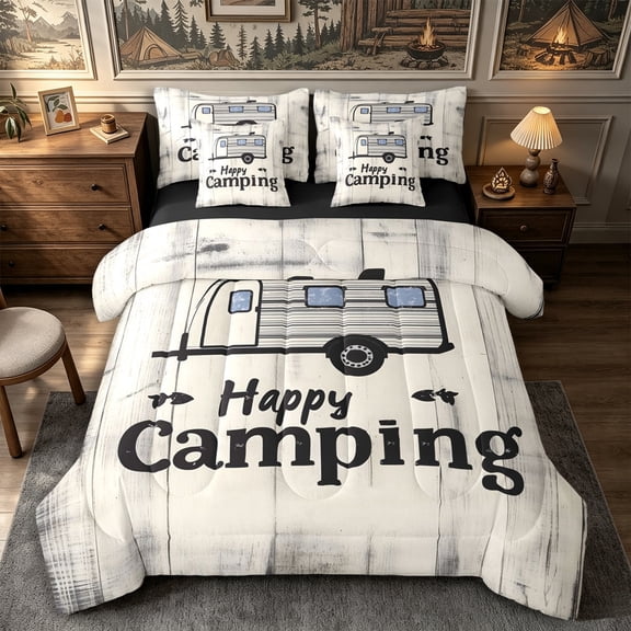 Manfei Cute RV Car Full Size Bedding Sets 7 Pieces,Vintage Rustic Cabin Full Size Bed in a Bag,Off White Black