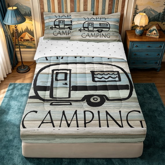 Manfei Cute RV Car Zipper Full Size Comforter Sets with Fitted Sheet and 2 Pillowcases,Adventure Theme Zipper Bedding Set,Light Blue Beige,Reversible