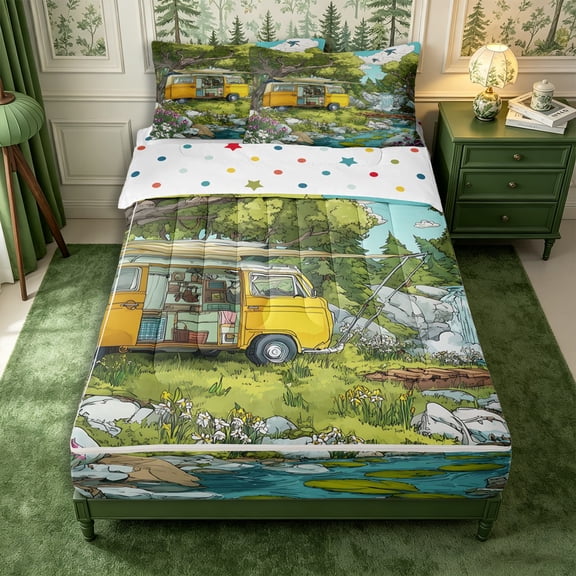 Manfei Cute RV Car Zipper Twin Comforter Sets with Fitted Sheet and 2 Pillowcases,Happy Camping Zipper Bedding Set,Yellow Green,Reversible