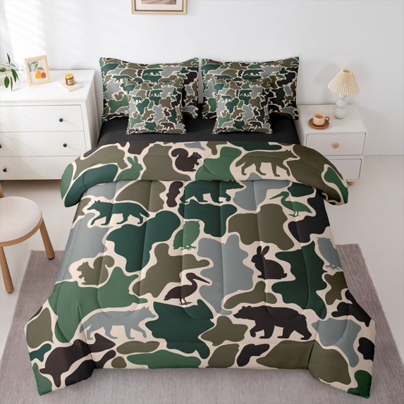 Manfei Cute Rabbit 7-Piece Twin Bedding,Rustic Camo Print Bedding Comforter Set,Green,Black Reversible