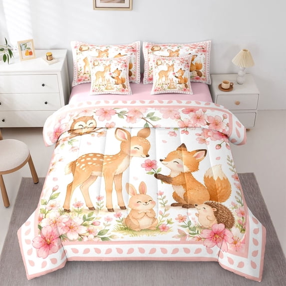Manfei Cute Rabbit 7-Piece Twin Bedding,Woodland Animal Bedding Comforter Set,Pink,Pink Reversible
