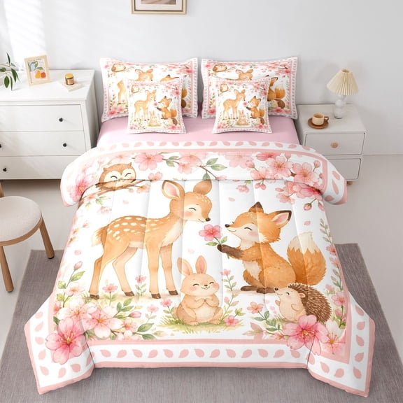 Manfei Cute Rabbit 7 Pieces Full Size Bedding Sets,Woodland Animal Full Size Bed in a Bag,Pink,Pink Reversible