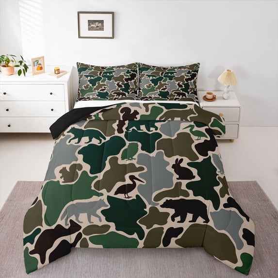 Manfei Cute Rabbit Full Size Comforter Sets,Rustic Camo Print Bedding Comforter Set,Green,Black Reversible,3pcs,1 Comforter and 2 Pillowcases