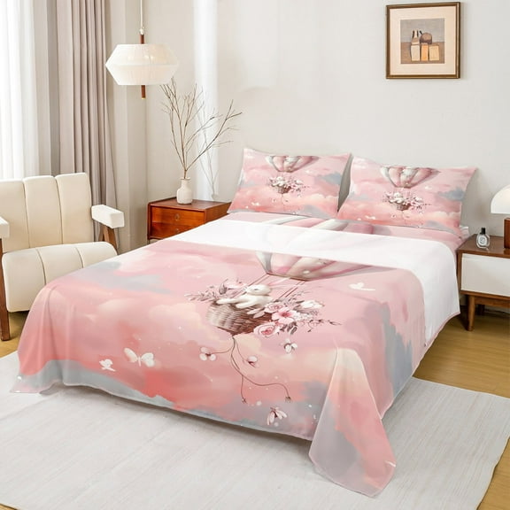 Feelyou Cute Rabbit Girl Twin Sheet Sets, Hot Air Balloon Twin Fitted Sheet, Dreamy Pink Watercolor Flat Sheet, Breathable Bedroom Decorative, 3 Piece