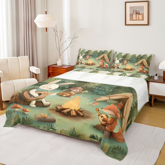 Manfei Cute Rabbit Queen Sheets,Camping Animal Print Queen Sheet Sets,Green,4-Piece,1 Flat Sheet, 1 Fitted Sheet and 2 Pillowcases