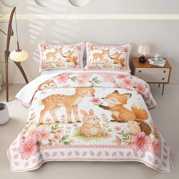 Manfei Cute Rabbit Twin Quilt Set,Woodland Animal Twin Coverlet Set,Pink,2-Piece