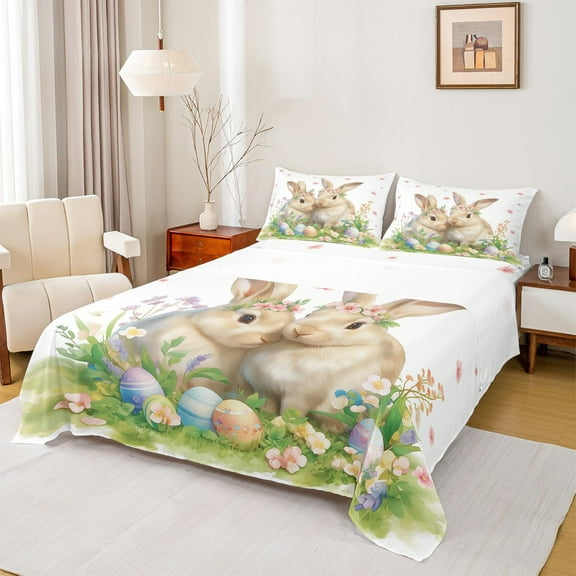 Manfei Cute Rabbit Twin Sheet Sets,Cartoon Dinosaur Egg Twin Fitted Sheet,Colorful Flower Floral Flat Sheet For Girls Kids,Breathable Home Decor,3 Pieces