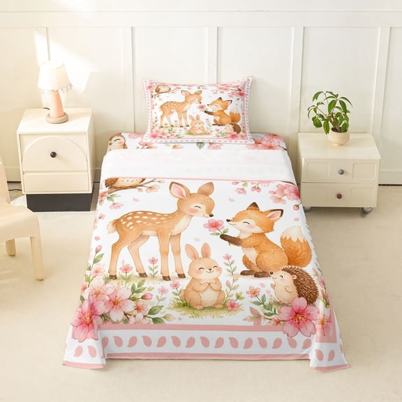 Manfei Cute Rabbit Twin Sheets,Woodland Animal Bedding,Pink,3pcs,1 Fitted Sheet and 1 Pillowcase