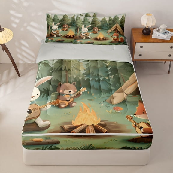 Manfei Cute Rabbit Zipper Twin Comforter Sets with Fitted Sheet and 2 Pillowcases,Camping Animal Print Zipper Bedding Set,Green,Light Gray Reversible,4pcs