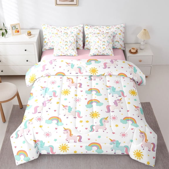 Manfei Cute Rainbow 7-Piece Twin Bedding,Cartoon Unicorn Bedding Comforter Set,White,Pink Reversible