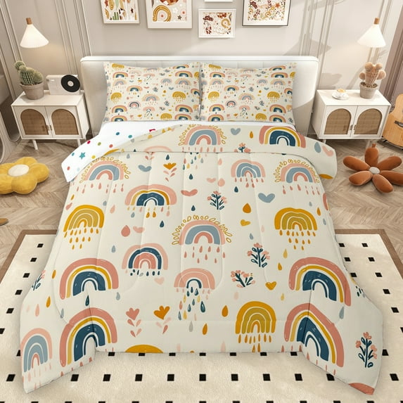 Manfei Cute Rainbow Bedding Comforter Set,Kawaii Flowers Twin Comforter Sets,Beige Brown Bedding Set For Girls Kids,Microfiber Bedroom Decor Reversible,2pcs