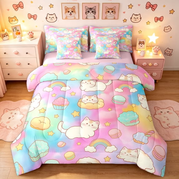 Manfei Cute Rainbow Cat Queen Bedding, Cartoon Dessert Cake Bedding Comforter Set Queen, Pink Blue, Pink Reversible, 7-Piece
