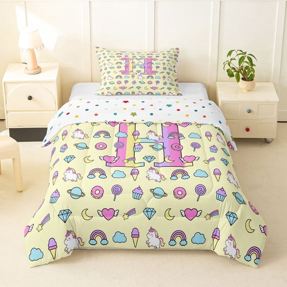 Manfei Cute Rainbow Cloud Pattern Twin Comforter Sets,Pretty Unicorn Bedding Set,Yellow,Polkadot Reversible,2 Pieces,1 Comforter and 1 Pillowcase