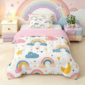 Manfei Cute Rainbow Cloud Twin Comforter Sets, Moon Star Bedding Set, Cream, Pink Reversible, 2-Piece, 1 Comforter and 1 Pillowcase
