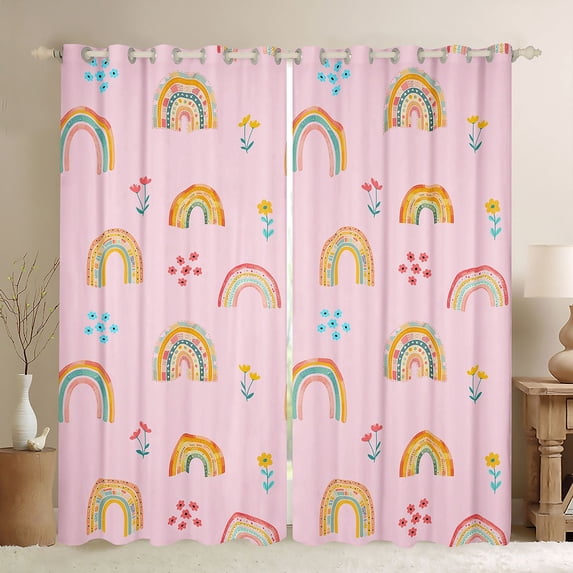 Manfei Cute Rainbow Floral Blackout Curtains Set of 2 (38x54 Each), Ink Cartoon Living Room Curtains, Pink