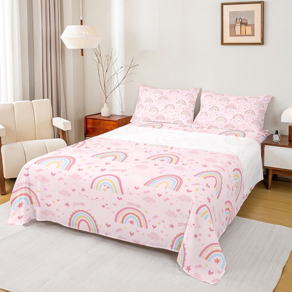 Manfei Cute Rainbow Queen Sheet Sets,Loves Stars Print Flat Sheet,Pink Fairy Tale Queen Fitted Sheet For Girls Kids,Super Cozy Room Decor,4 Pieces