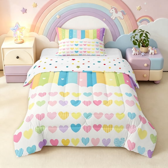 Manfei Cute Rainbow Stripe Twin Comforter Sets, Sweet Love Heart Bedding Set, Cream Yellow, Polkadot Reversible, 2pcs, 1 Comforter and 1 Pillowcase
