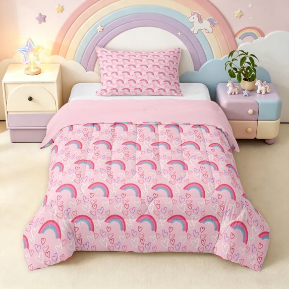 Manfei Cute Rainbow Twin Comforter Sets, Dreamy Love Heart Bedding Set, Pink, Pink Reversible, 2-Piece, 1 Comforter and 1 Pillowcase