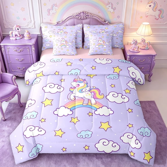 Manfei Cute Rainbow Unicorn 7-Piece Twin Bedding,Cartoon Starry Sky Bedding Comforter Set,Reversible